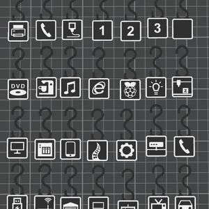 May include: A grid of white icons on black squares, each suspended by a curved hook. Icons include a printer, phone, numbers, a DVD, coffee cup, music note, email symbol, Raspberry Pi, lightbulb, and more. The background is a dark gray grid.