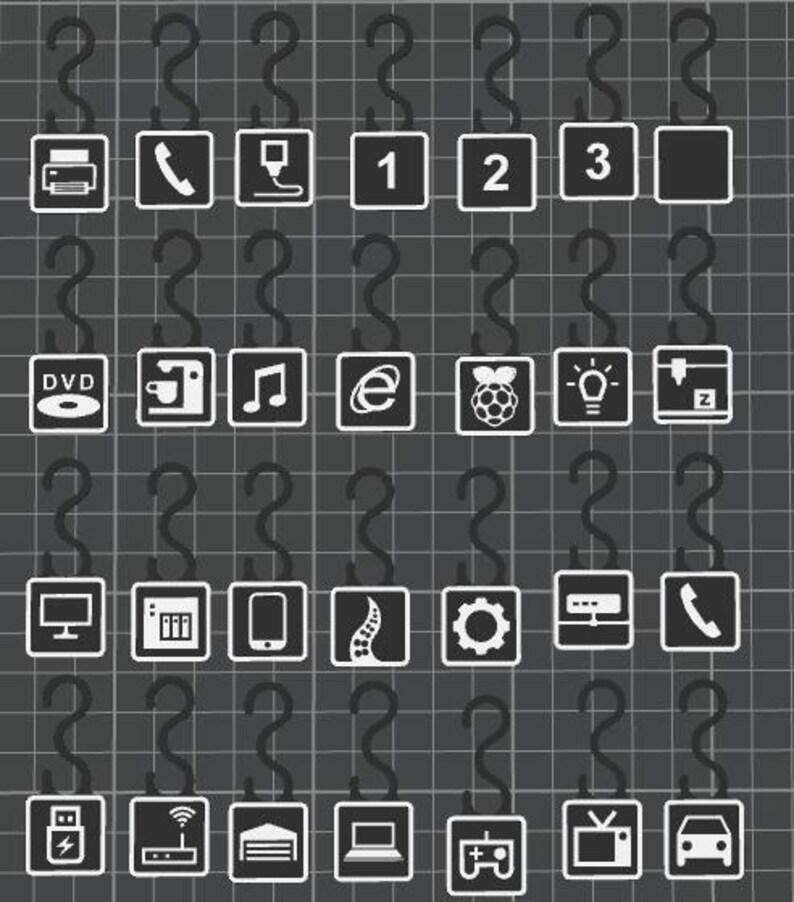 May include: A grid of white icons on black squares, each suspended by a curved hook. Icons include a printer, phone, numbers, a DVD, coffee cup, music note, email symbol, Raspberry Pi, lightbulb, and more. The background is a dark gray grid.