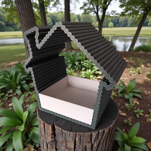 May include: A black house-shaped box with a white interior, resting on a tree stump. The box has a corrugated design and a scalloped edge. The background features a park with trees and a lake.