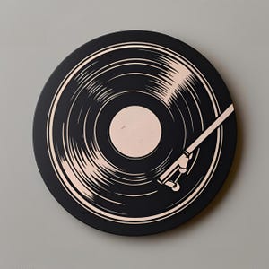 May include: A black vinyl record design with a light pink center and etched grooves. A white tone arm extends across the record. The design is circular and set against a gray background.