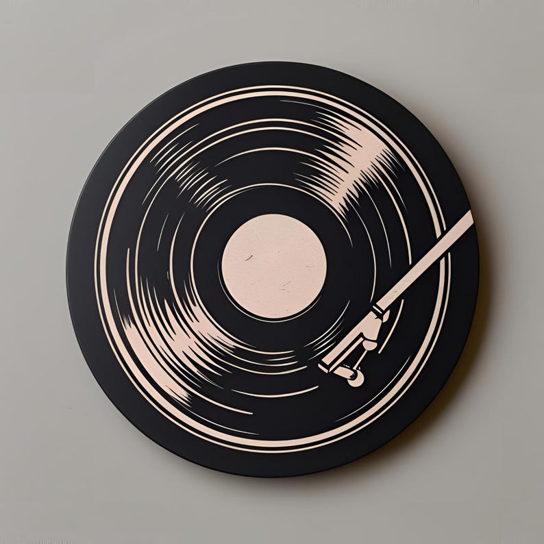 May include: A black vinyl record design with a light pink center and etched grooves. A white tone arm extends across the record. The design is circular and set against a gray background.