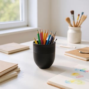 May include: A black, cylindrical pencil holder with horizontal grooves, filled with colorful pencils. The pencils are various colors, including yellow, green, red, and blue. Other art supplies, including paintbrushes and notebooks, are also visible.