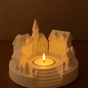 May include: A white ceramic candle holder shaped like a village scene. The holder features miniature houses, a church, and trees surrounding a central candle. A lit candle provides a warm glow.