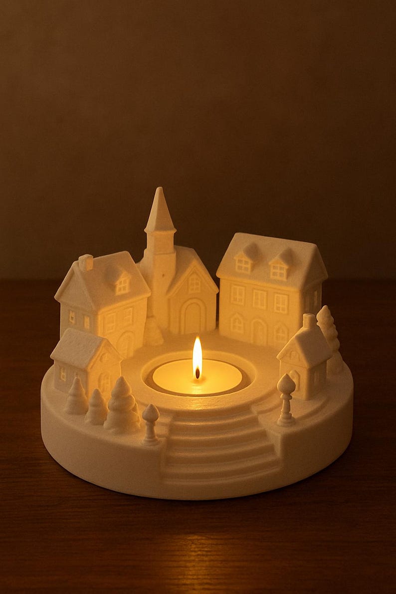 May include: A white ceramic candle holder shaped like a village scene. The holder features miniature houses, a church, and trees surrounding a central candle. A lit candle provides a warm glow.