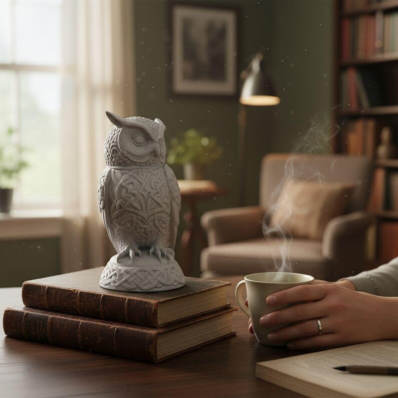 May include: A gray owl figurine with detailed carvings sits atop two leather-bound books. The owl has a detailed design on its chest and is perched on a base with a Celtic knot design. A cup of coffee steams nearby.