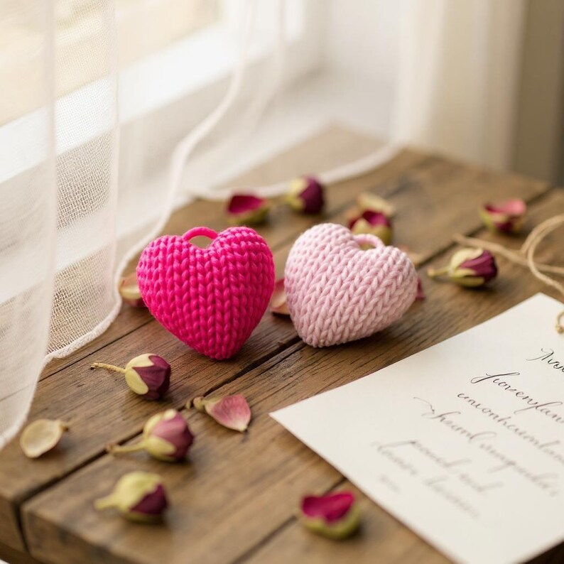May include: Two knitted heart-shaped ornaments, one bright pink and one light pink, are displayed on a wooden surface. Dried rose buds and petals are scattered around them. A white card with handwritten text is visible.