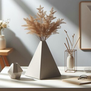 May include: A modern home decor arrangement featuring a large, light gray, pyramid-shaped vase holding dried ornamental grass. A smaller, geometric vase and a metal and glass decorative piece are also present, creating a minimalist aesthetic.