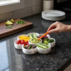 May include: A white, flower-shaped serving platter filled with colorful vegetables and a central dip. The platter holds cherry tomatoes, yellow bell peppers, cucumber slices, broccoli florets, and a green dip. A hand dips a carrot stick into the dip.