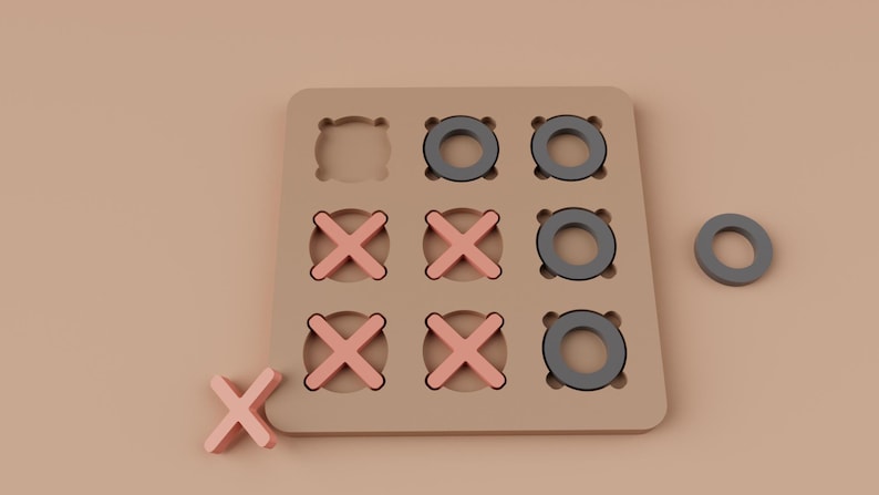 K&ouml;nnte beinhalten: Ein beiges Tic-Tac-Toe-Spiel aus Holz mit rosa X'en und grauen O's. Ein X und ein O sind getrennt von der Tafel. Das Spielbrett hat eine quadratische Form mit neun kreisf&ouml;rmigen Aussparungen f&uuml;r die O's und X's.