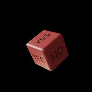 May include: A red decision die with the words "YES" and "NO" printed on its faces. The die is set against a black background, creating a sense of focus on the object.