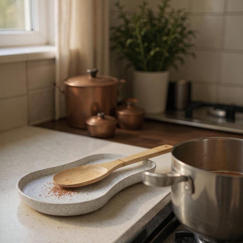 May include: A speckled grey ceramic spoon rest with a wooden spoon. The spoon rest is on a kitchen countertop next to a stainless steel pot. Copper pots and a plant are in the background.
