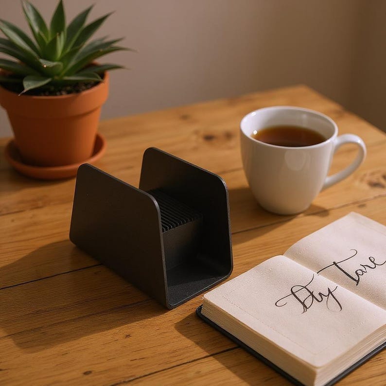 May include: A black, modern-style coffee filter holder sits on a wooden table next to a white mug of tea and an open notebook with the words "Dry Tare" written on the pages. A small potted plant is in the background.