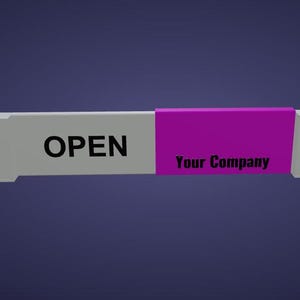May include: A rectangular box with a gray and magenta color scheme. The word "OPEN" is printed in black on the gray section. The magenta section has the text "Your Company" in black. The background is a dark blue.