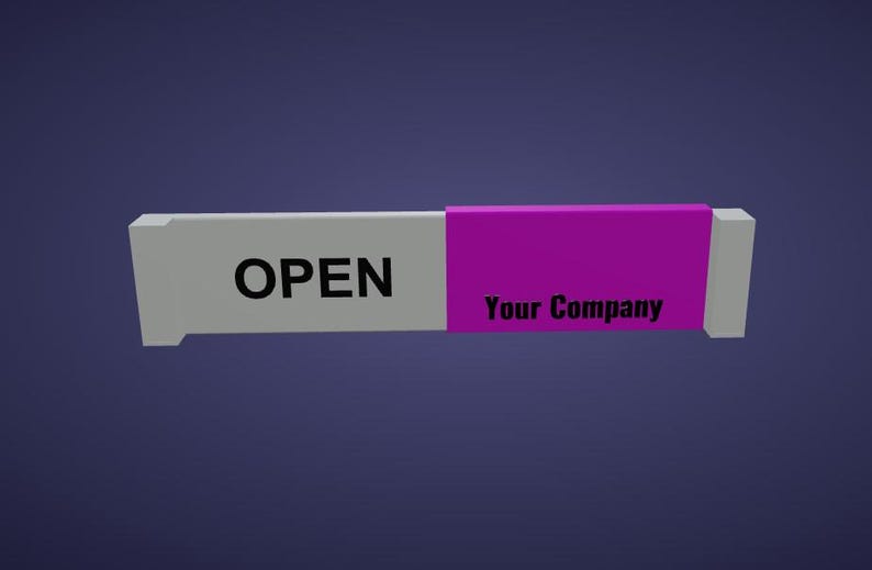 May include: A rectangular box with a gray and magenta color scheme. The word "OPEN" is printed in black on the gray section. The magenta section has the text "Your Company" in black. The background is a dark blue.