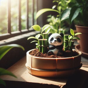 May include: A small, round bamboo planter with a panda figurine and bamboo stalks. The panda is black and white, with a smiling face. The planter sits on a wooden surface, with green plants in the background.