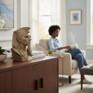 May include: A tan-colored bust of an Egyptian pharaoh sits on a dark brown cabinet. The bust features detailed facial features and a traditional headdress. The cabinet has two doors with black handles. A person is seated in a chair in the background.