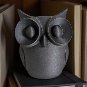 Op de afbeelding: Een donkergrijze uilfiguur met grote, ronde ogen en een getextureerd oppervlak. De uil staat op een zwart notitieboek met een bijpassende elastische band, omringd door boeken. Het beeldje is een decoratief item.