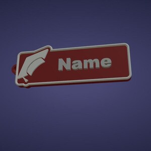 May include: A red rectangular name tag with white trim and the word "Name" in white, 3D lettering. A white graduation cap icon is on the left side of the tag. The background is a dark blue.