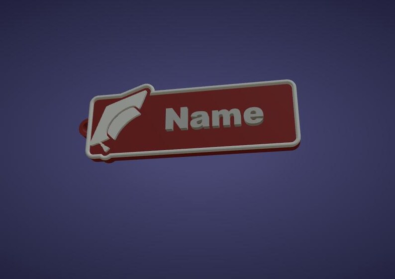 May include: A red rectangular name tag with white trim and the word "Name" in white, 3D lettering. A white graduation cap icon is on the left side of the tag. The background is a dark blue.