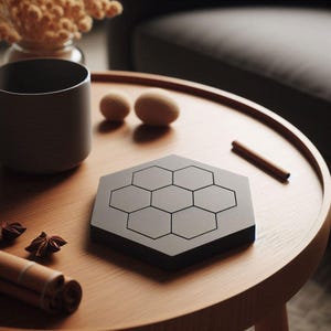 May include: A grey, hexagonal coaster with a honeycomb pattern on a wooden table. A dark grey mug, two small wooden spheres, and a cinnamon stick are also on the table. The table is round with a wooden rim.