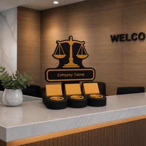 K&ouml;nnte beinhalten: Ein moderner Empfangstresen mit Marmorplatte und Holzakzenten. Der Tresen verf&uuml;gt &uuml;ber drei schwarze und goldene M&uuml;nzhalter und ein Schild mit einem Waage-Logo und dem Text "Company Name". Eine kleine Pflanze in einer wei&szlig;en Vase steht auf der Theke.