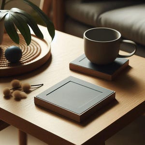 Pu&ograve; includere: Due sottobicchieri quadrati con una superficie grigio scuro e una cornice in legno sono su un tavolo di legno marrone chiaro. Una tazza abbinata poggia su un sottobicchiere. La scena include un vassoio decorativo e una pianta.
