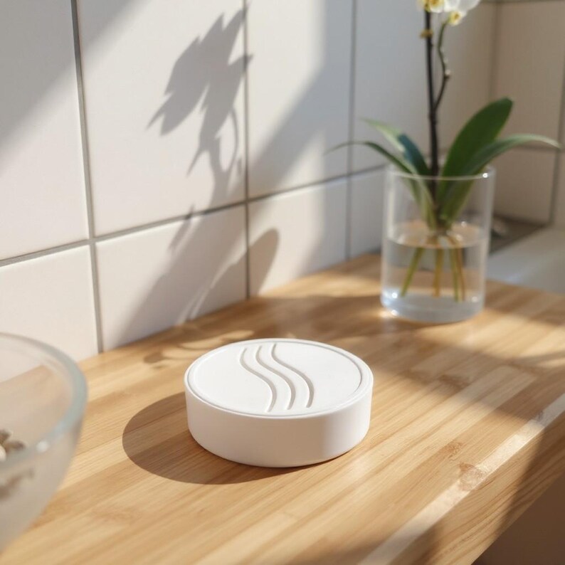 May include: A white, round aromatherapy diffuser with a minimalist design. The top features a carved, stylized wave pattern. The diffuser sits on a wooden surface, with a glass vase of flowers in the background. The overall aesthetic is clean and modern.