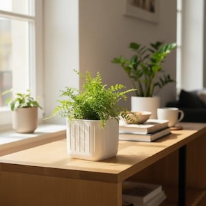 May include: A bright green fern plant in a white square pot with vertical lines. The plant sits on a wooden table with other plants, books, and a mug. The scene is lit by natural light from a nearby window.