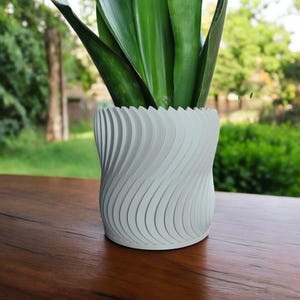 May include: A white, 3D-printed planter with a wave-like design, holding a green plant with long, upright leaves. The planter sits on a wooden surface, with a blurred green background.