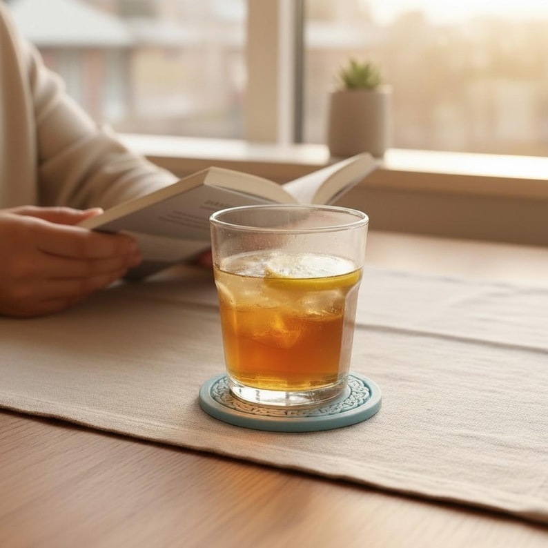 May include: A clear glass of iced tea with a lemon slice, resting on a light blue coaster with a decorative pattern. The glass sits on a neutral-colored table runner, with a book and a small plant in the background.