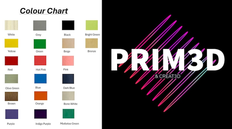 May include: A color chart with a variety of color swatches, including white, grey, black, and bright green. The chart also features the text "Colour Chart". The right side of the image displays the text "PRIM3D & CREAT3D" in white.