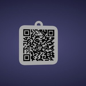 May include: A gray, square-shaped tag with a QR code pattern and a small loop at the top. The tag is set against a dark blue background. The QR code is black and white.