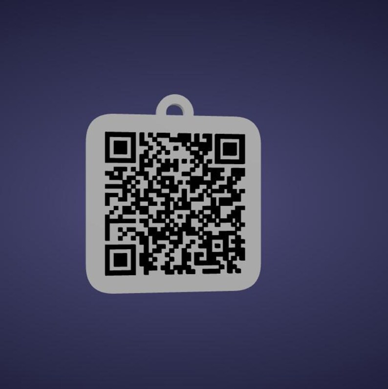 May include: A gray, square-shaped tag with a QR code pattern and a small loop at the top. The tag is set against a dark blue background. The QR code is black and white.