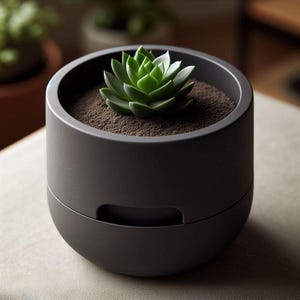 May include: A dark grey, modern planter pot with a small green succulent plant. The pot has a rounded shape with a recessed handle. The succulent has green leaves with white tips, set in brown soil.