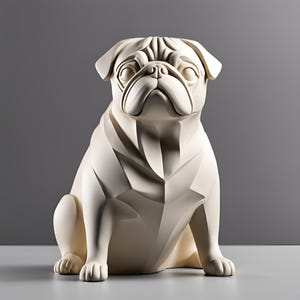 K&ouml;nnte beinhalten: Cremefarbene Mops-Statue mit geometrischem Design. Der Hund sitzt aufrecht, die Vorderpfoten ausgestreckt. Die Statue hat ein detailliertes Gesicht mit Falten und eine markante Mopsnase. Der Hintergrund ist einfarbig grau.