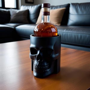 May include: A clear glass bottle filled with amber liquid, topped with a cork and a dark brown cap, sits inside a black skull-shaped holder. The holder is on a wooden table. The bottle and holder create a unique decorative piece.