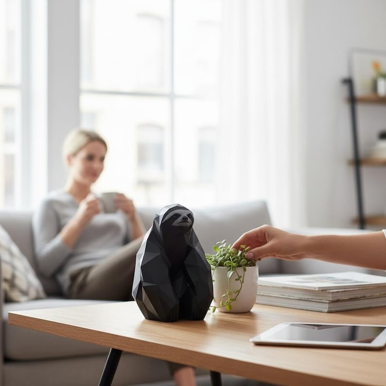 May include: A black geometric sloth sculpture sits on a wooden coffee table. The sloth is made of angular shapes and has a relaxed pose. A small potted plant and a tablet are also on the table. A person is in the background.