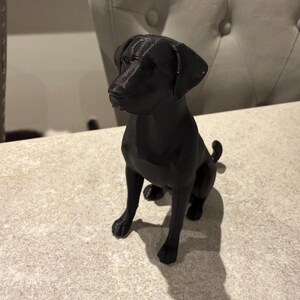 May include: A black dog figurine, likely a Labrador or similar breed, sits on a light-colored surface. The dog is in a seated position, with its front paws extended. The figurine's details are visible, including its ears, tail, and facial features.