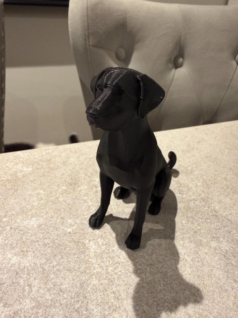 May include: A black dog figurine, likely a Labrador or similar breed, sits on a light-colored surface. The dog is in a seated position, with its front paws extended. The figurine's details are visible, including its ears, tail, and facial features.