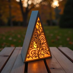 May include: A triangular, white decorative lamp with a warm, glowing interior. The lamp features intricate cut-out designs of swirling patterns and stars. The lamp is placed on a wooden surface, with a blurred outdoor background.