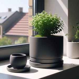 May include: A dark gray ceramic planter with a matching saucer holds a vibrant green plant. A smaller, matching pot and saucer sit nearby. The scene is illuminated by natural light, suggesting a windowsill setting. The plant has small, round leaves.