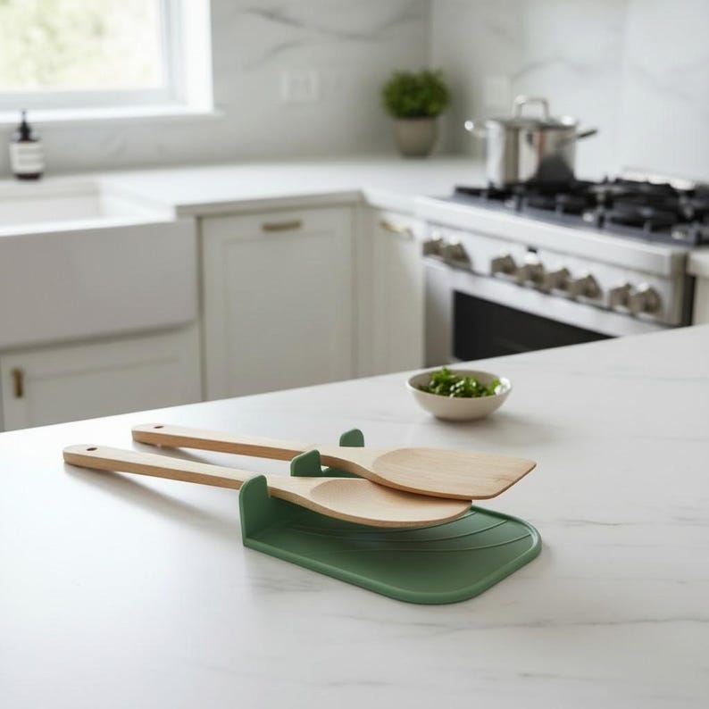 Op de afbeelding: Een groene siliconen keukengerei-houder houdt twee houten kooklepels vast. De lepels hebben lichtgekleurde houten koppen en lange, natuurlijk getinte handvatten. De houder staat op een wit aanrecht in een keuken.