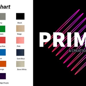May include: A color chart with a variety of colors, including white, yellow, red, green, and blue. The text "Colour Chart" is at the top. The right side of the image has the text "PRIM3D & CREAT3D" in white with a colorful diagonal design.