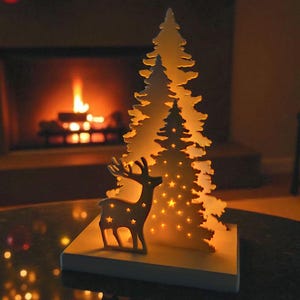 May include: A decorative Christmas scene featuring a wooden reindeer and two Christmas trees with star-shaped cutouts. The trees and reindeer are illuminated with warm, soft light. The scene is set on a table with a fireplace in the background.