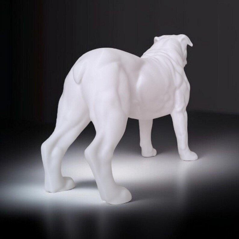 May include: A white bulldog sculpture, viewed from the rear, stands on all fours. The sculpture has a smooth, glossy finish and is set against a dark background. The dog's muscular form is clearly defined.