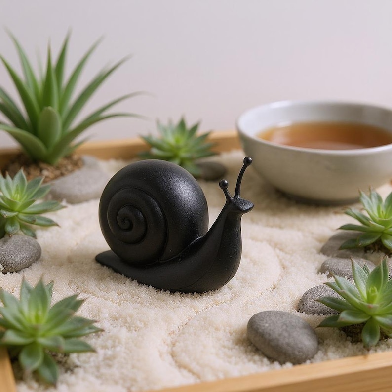 May include: A black snail figurine sits in a miniature zen garden with succulents, small stones, and a bowl of tea. The snail has a detailed shell and antennae, creating a calming, natural aesthetic.
