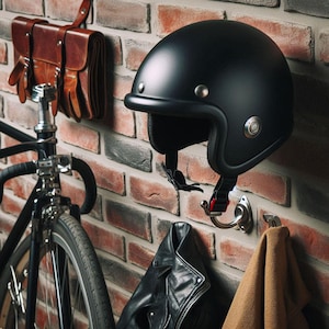 May include: A matte black motorcycle helmet with a rounded shape, hanging on a wall. The helmet has a chin strap and is mounted on a silver hook. A black leather jacket and a brown leather bag are also visible.