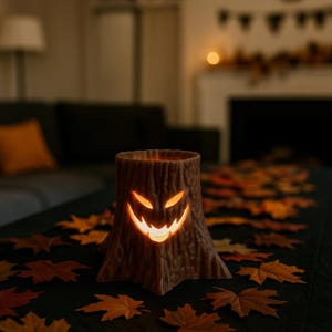 Puede incluir: Un portavelas marr&oacute;n con forma de toc&oacute;n de &aacute;rbol con una cara de calabaza tallada. El portavelas est&aacute; iluminado desde dentro, proyectando un brillo c&aacute;lido. Hojas de oto&ntilde;o esparcidas alrededor de la base.