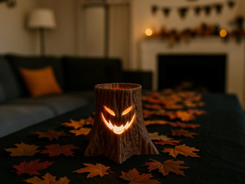 Puede incluir: Un portavelas marr&oacute;n con forma de toc&oacute;n de &aacute;rbol con una cara de calabaza tallada. El portavelas est&aacute; iluminado desde dentro, proyectando un brillo c&aacute;lido. Hojas de oto&ntilde;o esparcidas alrededor de la base.