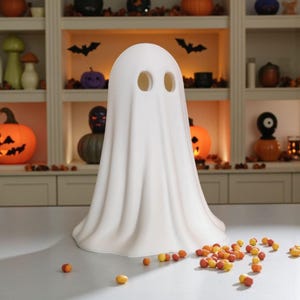 May include: A white ghost-shaped Halloween decoration with two eye holes. The ghost is on a table with scattered candy corn. The background includes pumpkins, bats, and shelves with Halloween decor.